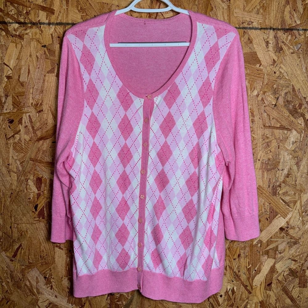 Talbots Pink Argyle Cardigan Floral‎ Button Sweater Y2K Preppy Academic Nerdy XL